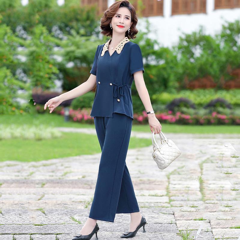 Solid Color Chiffon Suit Summer Office Lady Loose Casual Two-piece Short-sleeved Shirt + Loose Wide-leg Pants Summer