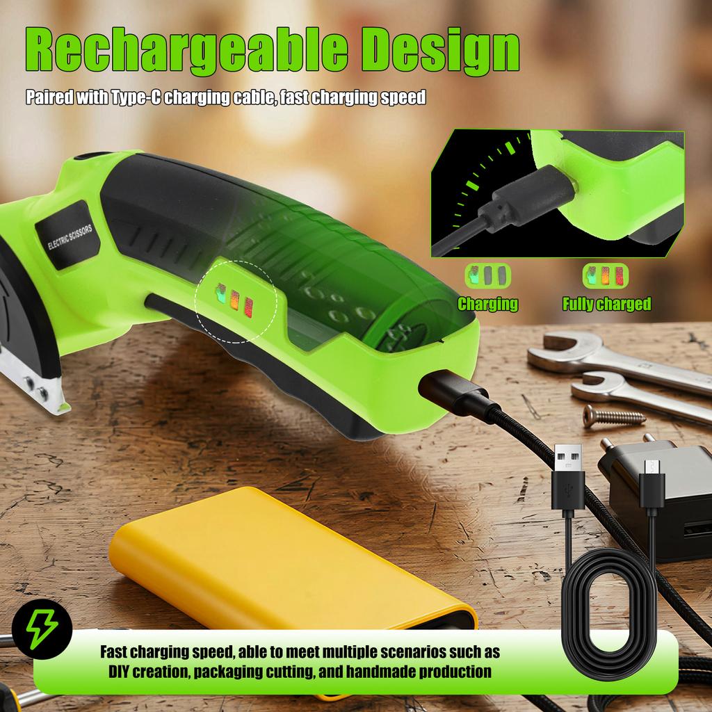 Cordless Electric Scissors 4.2V USB Rechargeable with LED Light and Safety Lock Carpet Cardboard Cutter Power Tool
