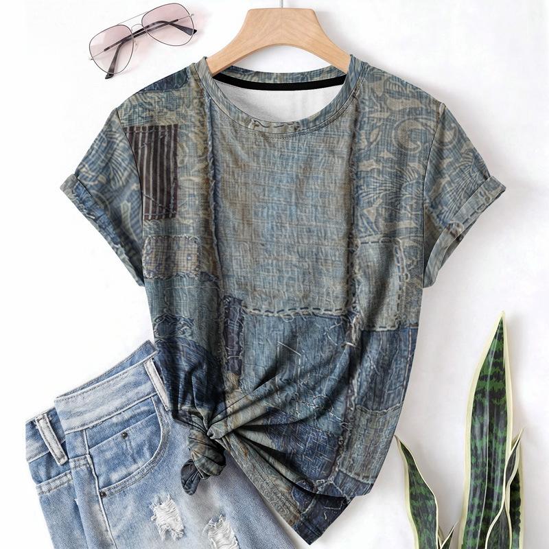 Letní dámské tričko s krátkým rukávem, kulatým výstřihem, patchworkovým džínovým vzorem a 3D potiskem