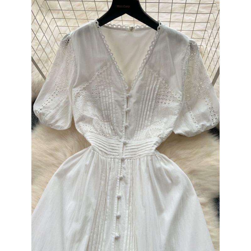 French Dress Female 2024 New Arrival Elegant V-neck Double-Breasted Silm Mid Length Long Length Age Reduction Puff Sleeves First Love Dress
