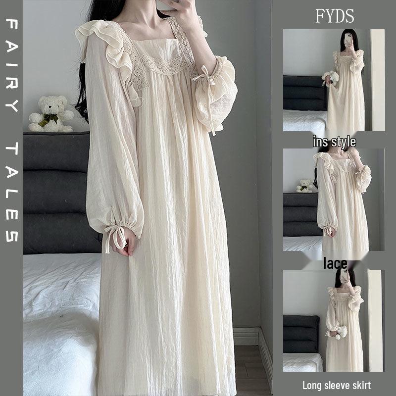 Damska koszula nocna z długim rękawem, koronkowymi falbanami - Jesień/Zima