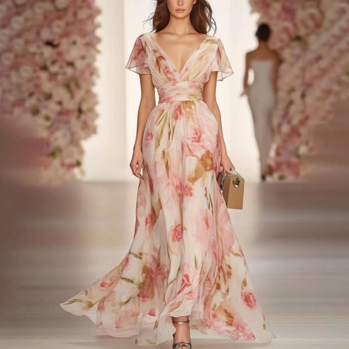 Women s V Neck Short Sleeve Floral Print Maxi Dress High Waist A Line Casual Summer Dress S розовый