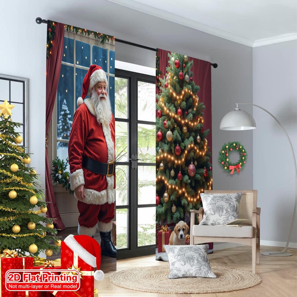 2pcs 2D Flat Printing Merry Christmas Window Drapes Santa Claus Christmas Snow Dog Polyester Without Electricity Birthday Party