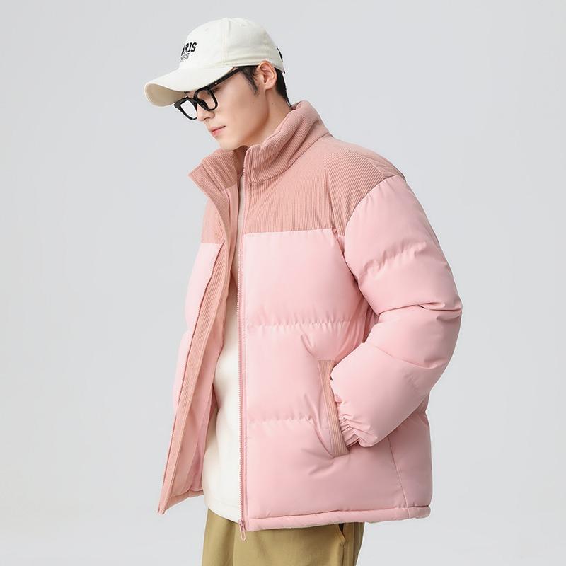 

Men s Cotton-padded Clothes Winter New Trend Splicing Thickened Cotton-padded Jackets Warm Couple Jackets Loose Stand-up Collar Bread Clothes M розовый