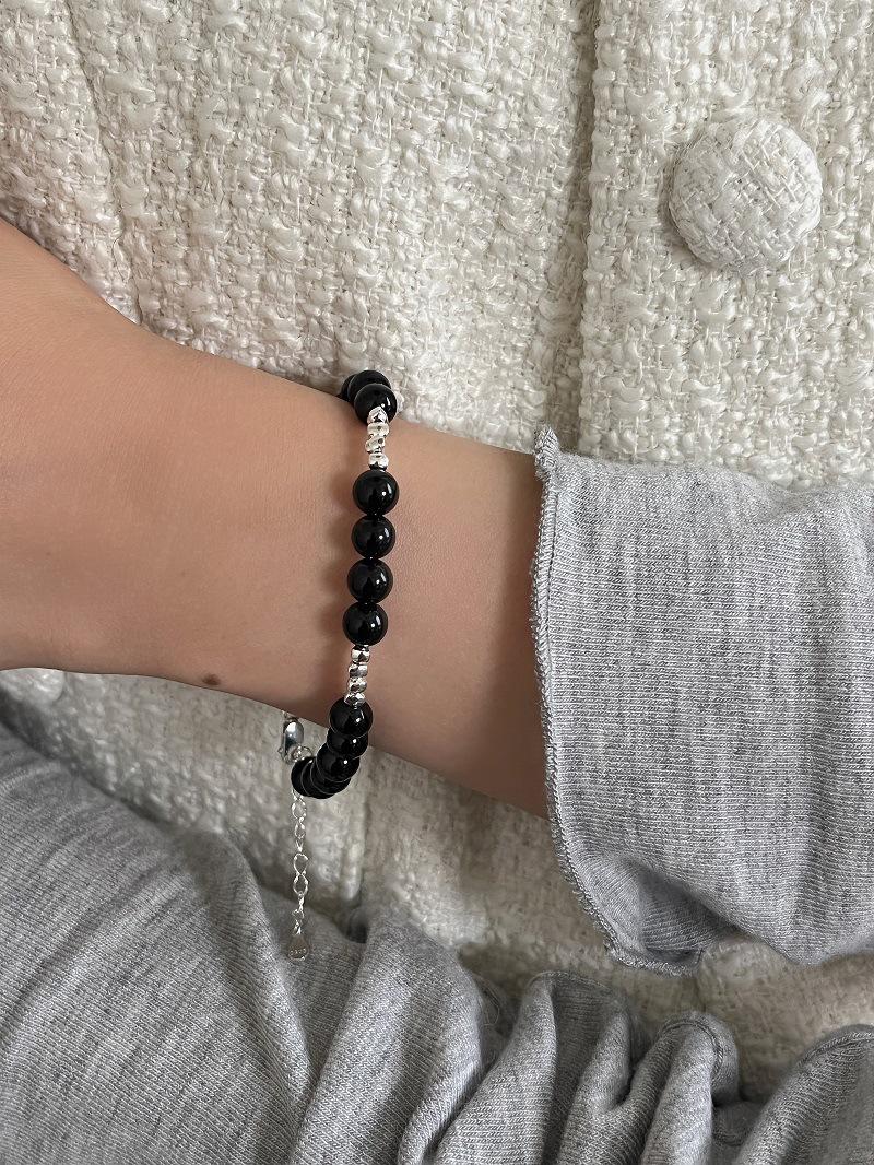 S925 Sterling Silver & Obsidian Bead Bracelet - Women s Korean Niche Design 925 Silver серебряный
