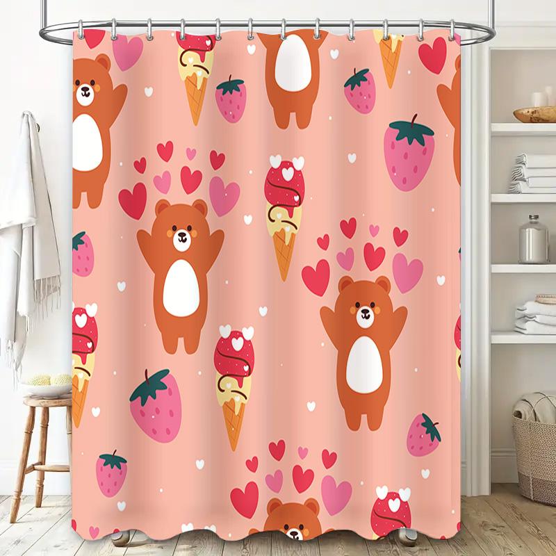 Pink Cartoon Shower Curtain With Hearts And Bears For Bathroom Decoration Pink Polyester Shower Curtains