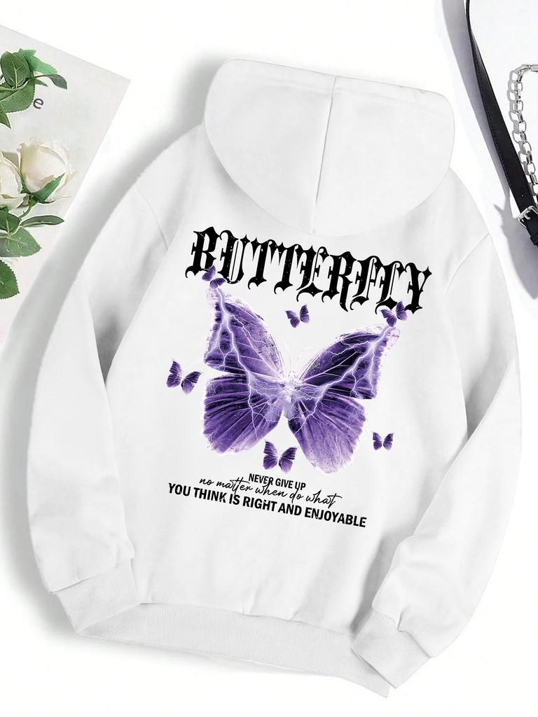 Wunderschöne Lila Schmetterlingsdruck Kapuzenpullover Damen Fleece Tasche Kapuzenpullover Einfacher Lässiger Hoodie Herbst Locker Weiblich Streetwear