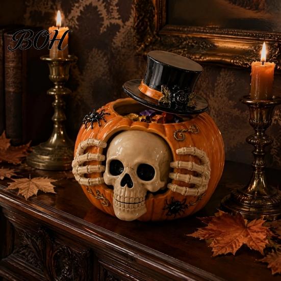 Decorative Skull Storage Jar Halloween Pumpkin Candy with Top Hat Lid, Resin Dark Gothic Home Decor Container, Desktop Organizer for & Party