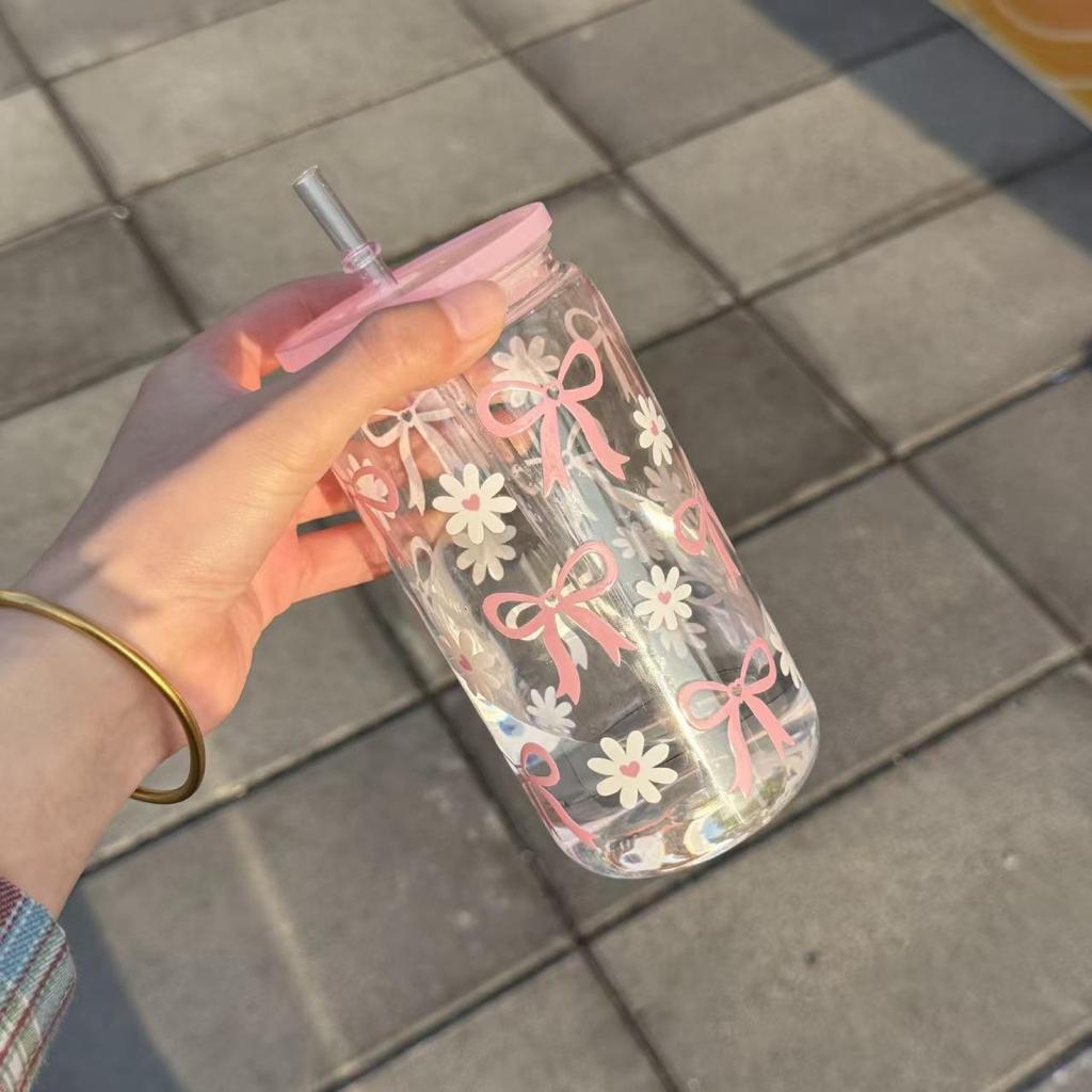 Cute Bow Glass Water Cup with Straw, Cartoon Stripe Design, Ideal for Fruit Tea & Lemonade, Perfect Gift for Girls