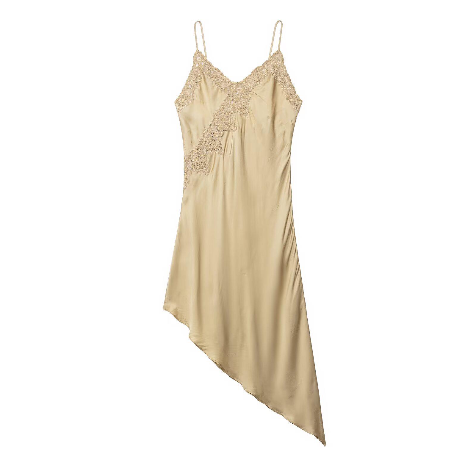 Весна 2026 Европейское и Американское Элегантное Асимметричное Атласное Платье Extra Small шампанского/золотой