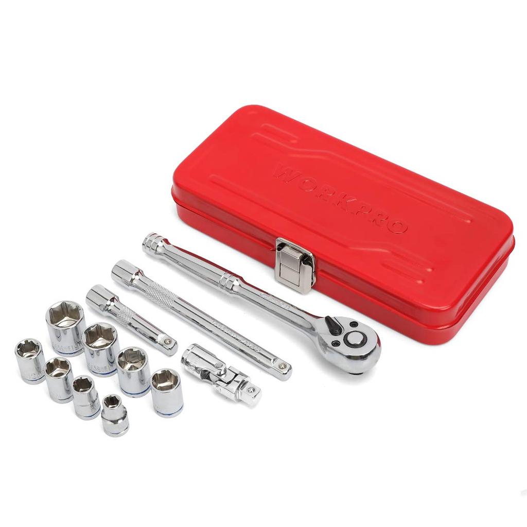 WORKPRO Garage Tool Set with Drive Ratchet Wrench and Ratchet Handle Steel 12-Piece 9.5mm (3/8") Quick-Release [Includes Case]