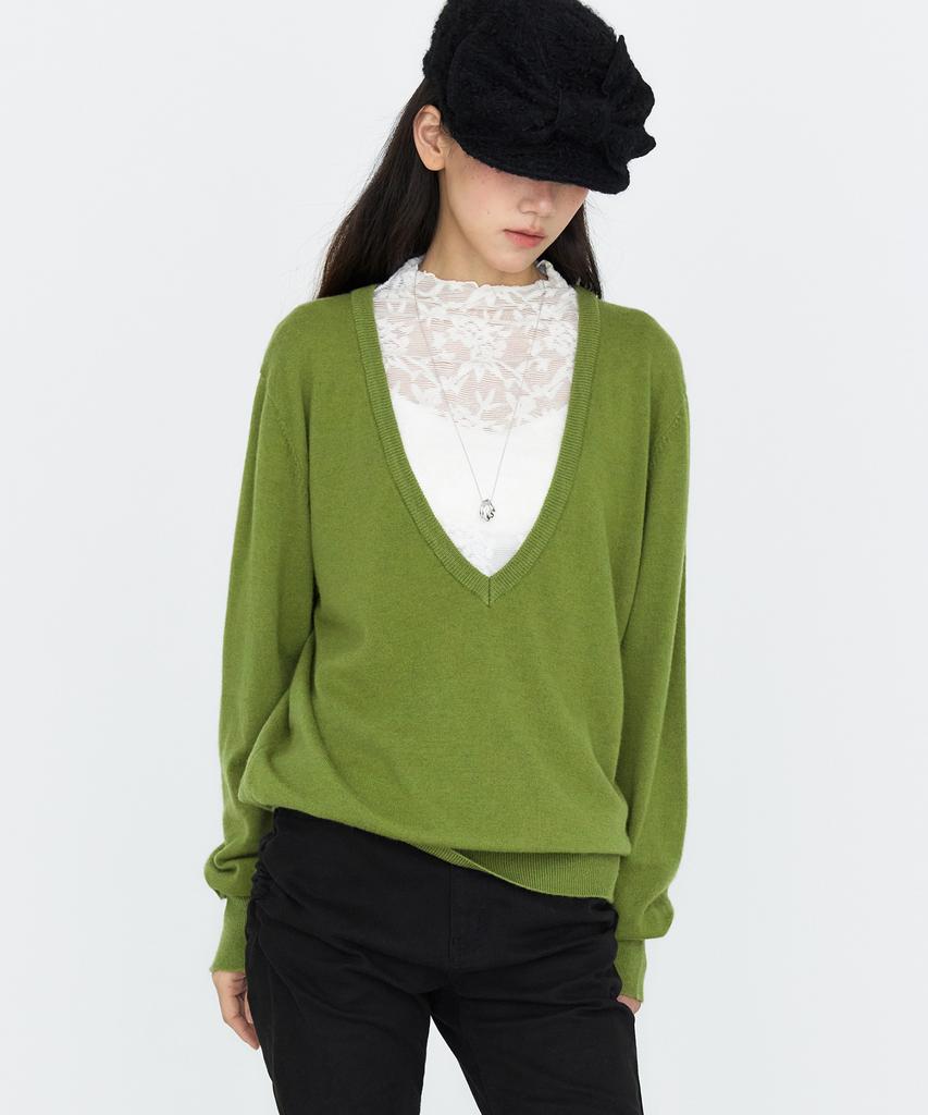 MONGDOL Wool Cashmere Deep V-Neck Knit Top Olive Green Mdkt138Ogreen