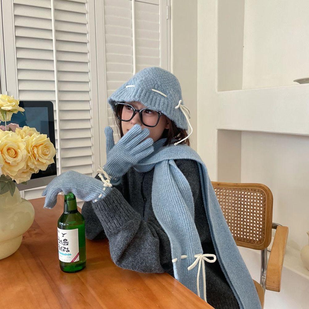 Cute Bow Drawstring Hat Warm Winter Gloves Cartoon Wool Bowknot Scarf  Outdoor