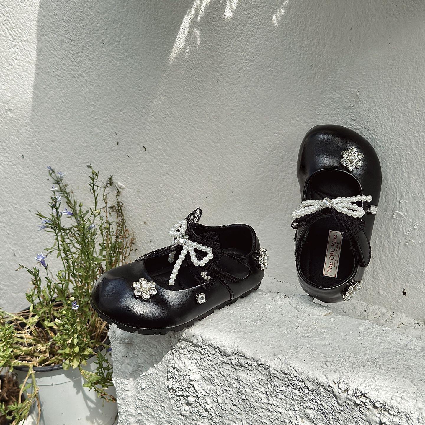 

XSHX pearl lace bow princess shoes retro girls Wenzhou classmates Velcro rubber sole wide spread head autumn 25