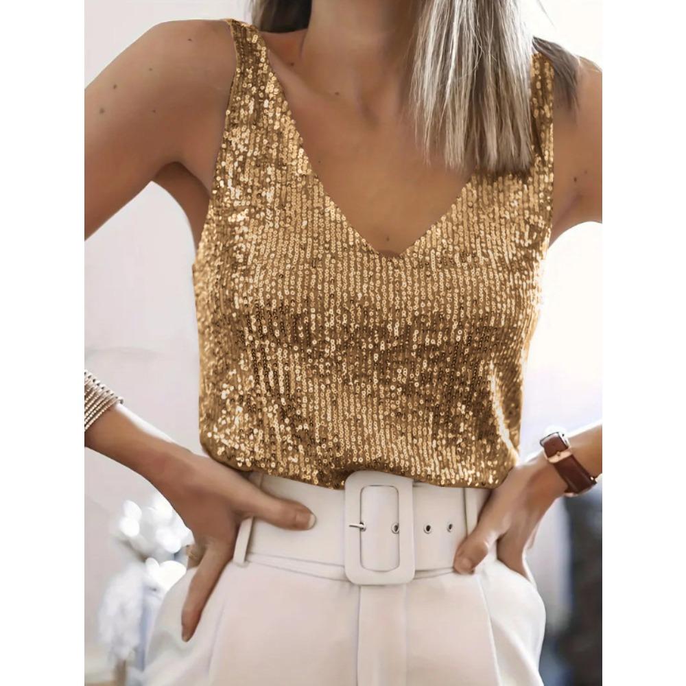 Women's V Neck Sleeveless Sequin Tank Top Straight Fit Elegant Party Cami Top
