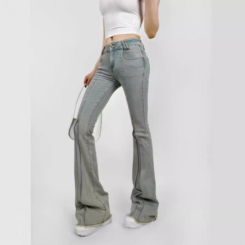 Womens High Waist Vintage Washed Stretch Denim Pants Straight Leg Flared Jeans