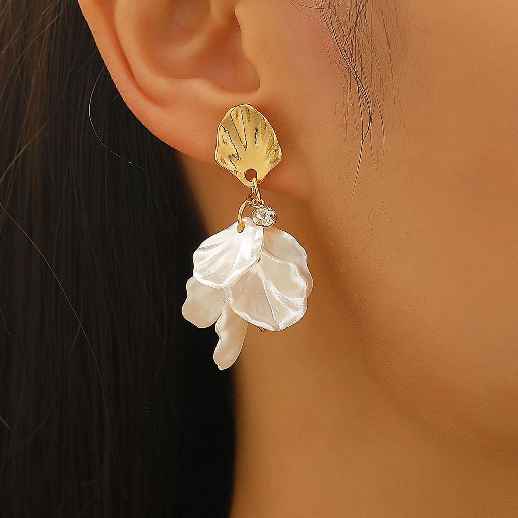 Iridescent White Flower Petal Drop Earrings Gold Tone Brushed Metal Dangle Studs Elegant Summer Floral Jewelry for Women