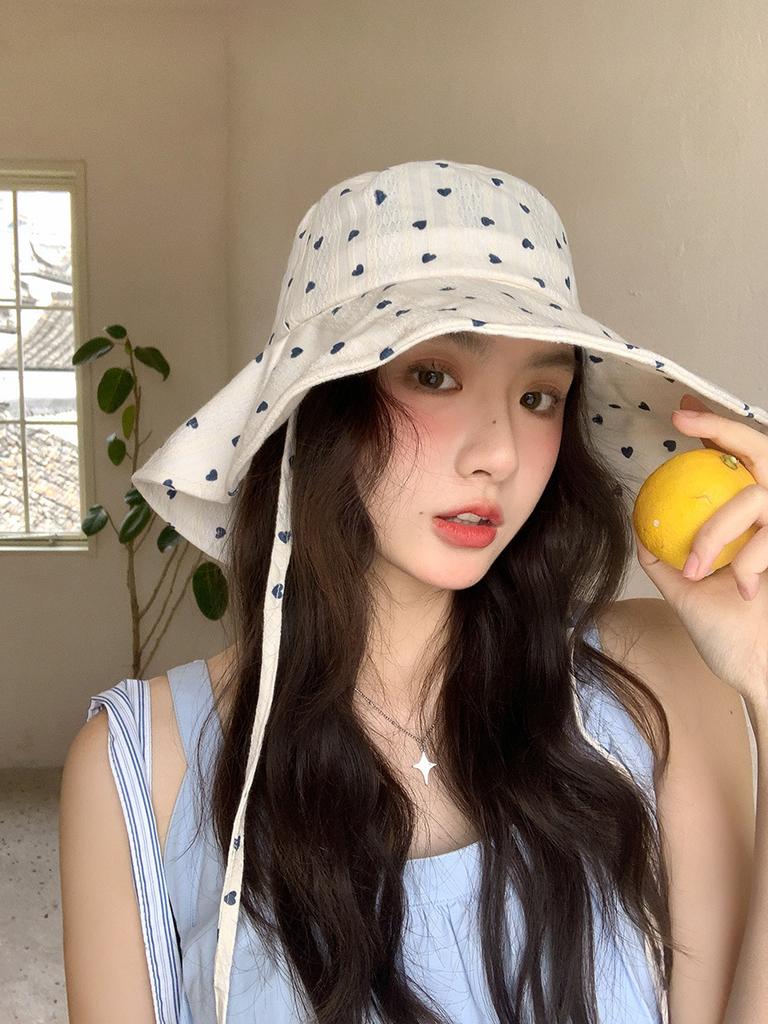 Cute Love Lace-up Bucket Hat Women's Summer Thin Breathable Big Brim Sunscreen Basin Hat Shows Small Face