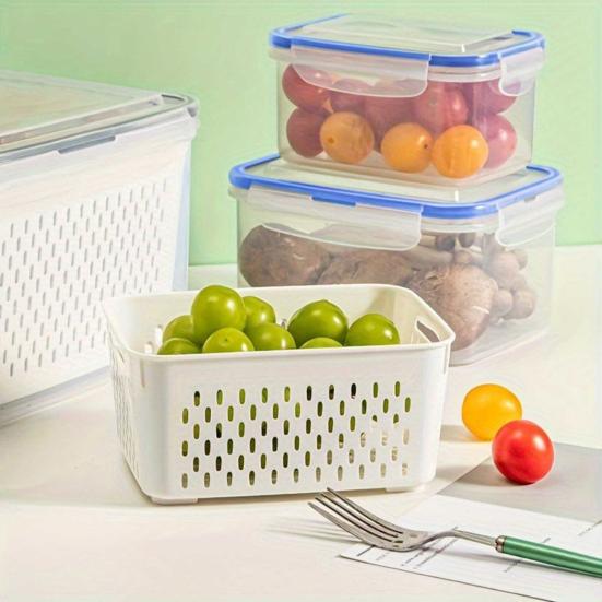 Food Storage Container with Drain Basket BPA Free Large Capacity Leak Resistant Fridge Vegetable Organizer Box