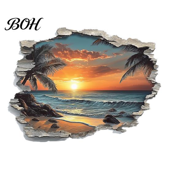 Easy Installation Wall Coverings 3D Beach Scenery Sticker, Sunset Coconut Tree Mural, PVC Waterproof Decal, Application Art Decor Removable for Living