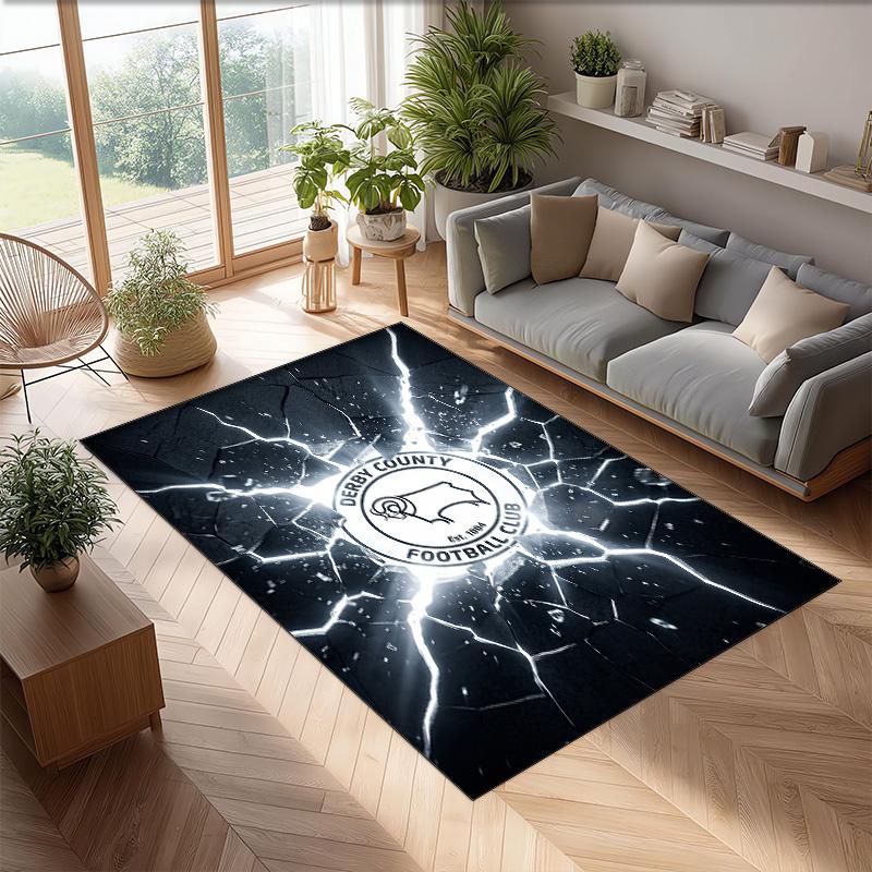 Derby County Football Print Crystal Velvet Rug, Comfortable Water Absorbent Non Slip Indoor Floor Carpet