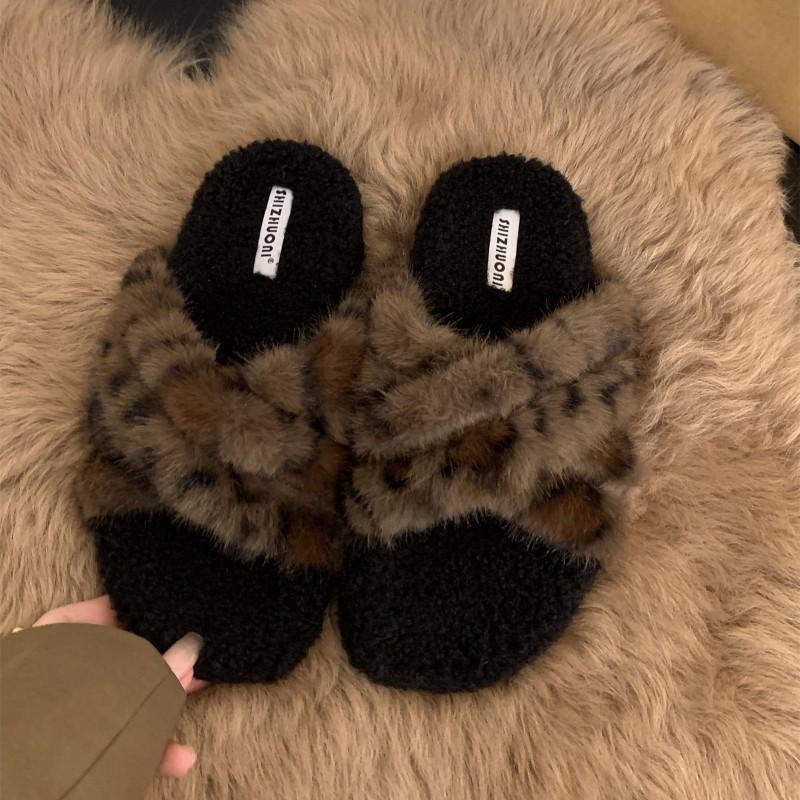 

Платформа леопардовый принт пушистые туфли женская обувь носить 2025 новый осень и зима хлопковые тапочки овечья шерсть модные хлопковые туфли 40 чёрный