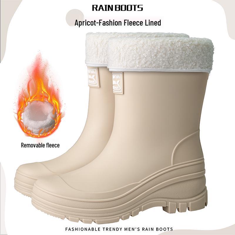 Women's Waterproof Velvet-Lined Mid-Calf Rain Boots: Drawstring, Wear-Resistant, Non-Slip Rubber for Cross-Border Fashion