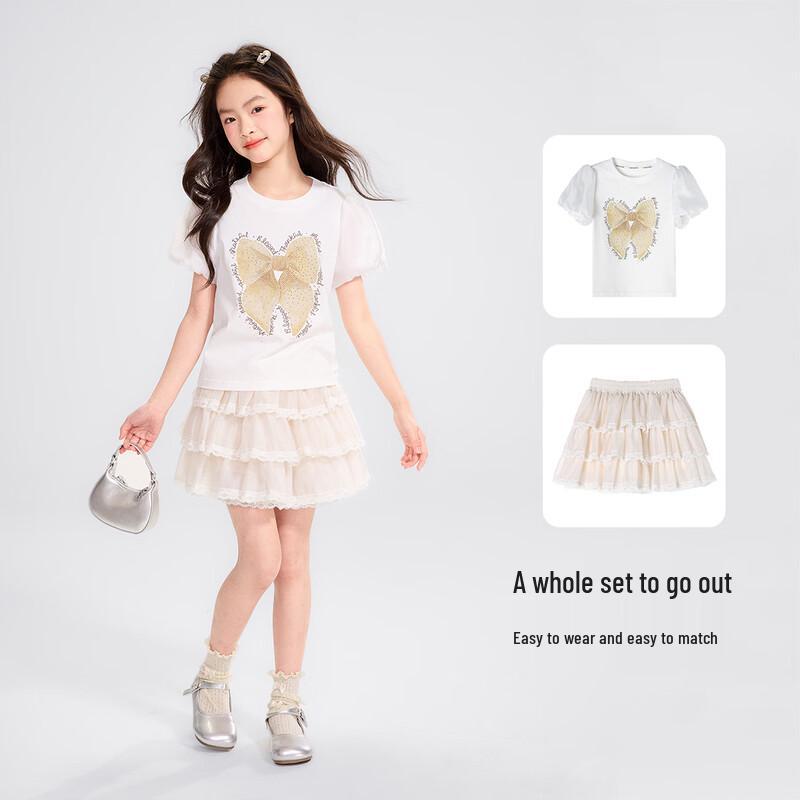 Girls' Rhinestone Bow Print Short Sleeve T-shirt