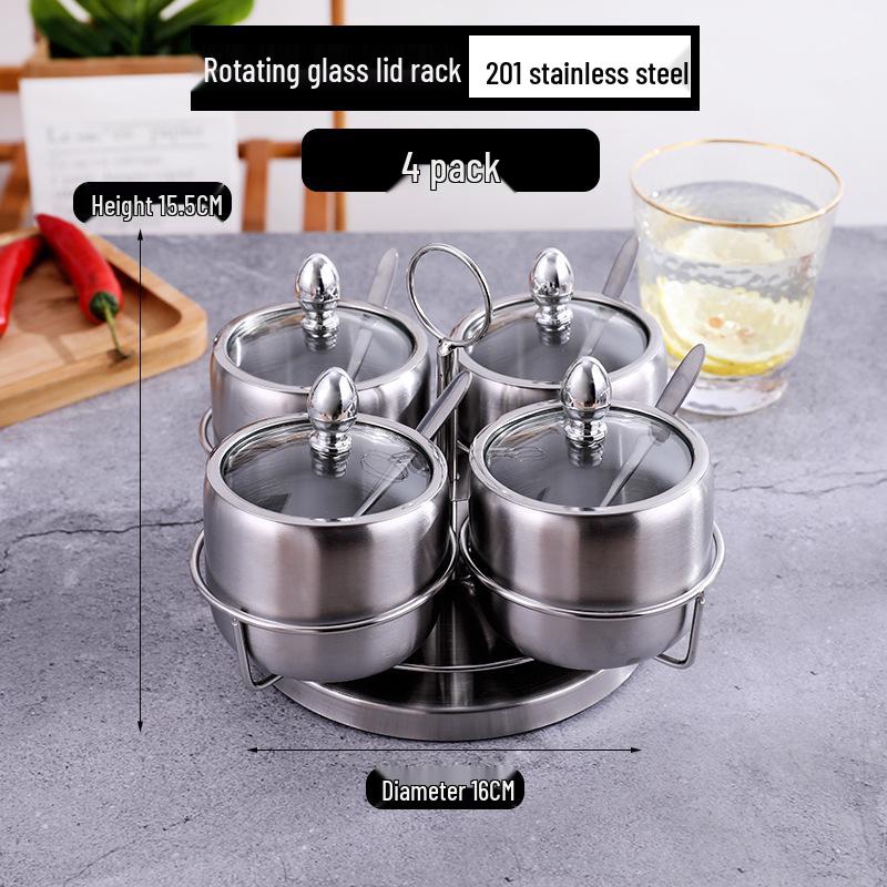 Gold Korean-Style Seasoning Jars, 201 Stainless Steel with Glass Lids On Tray, for Restaurant Use.