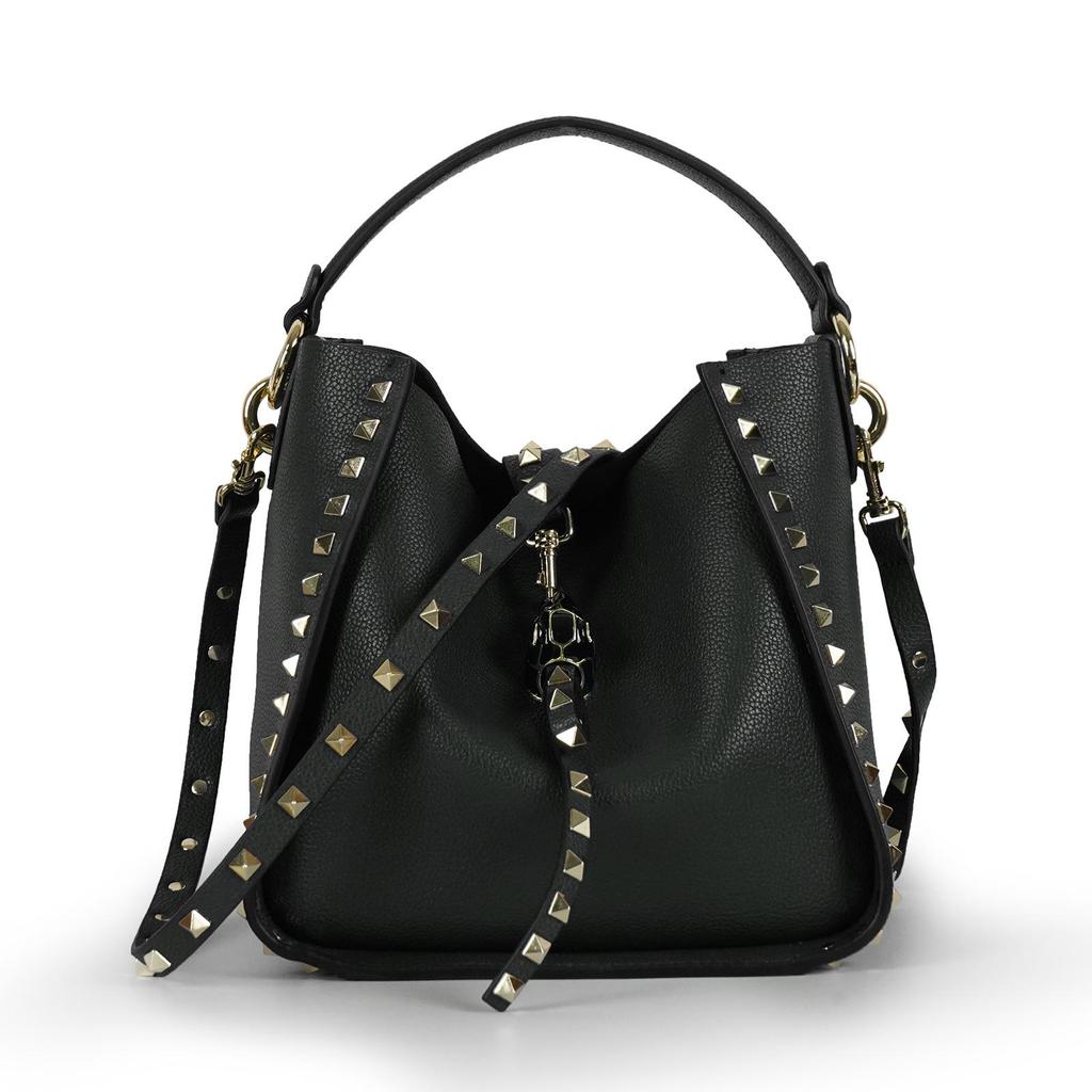 Women's Retro Rivet Cowhide Bucket Bag with Leopard Head Design
