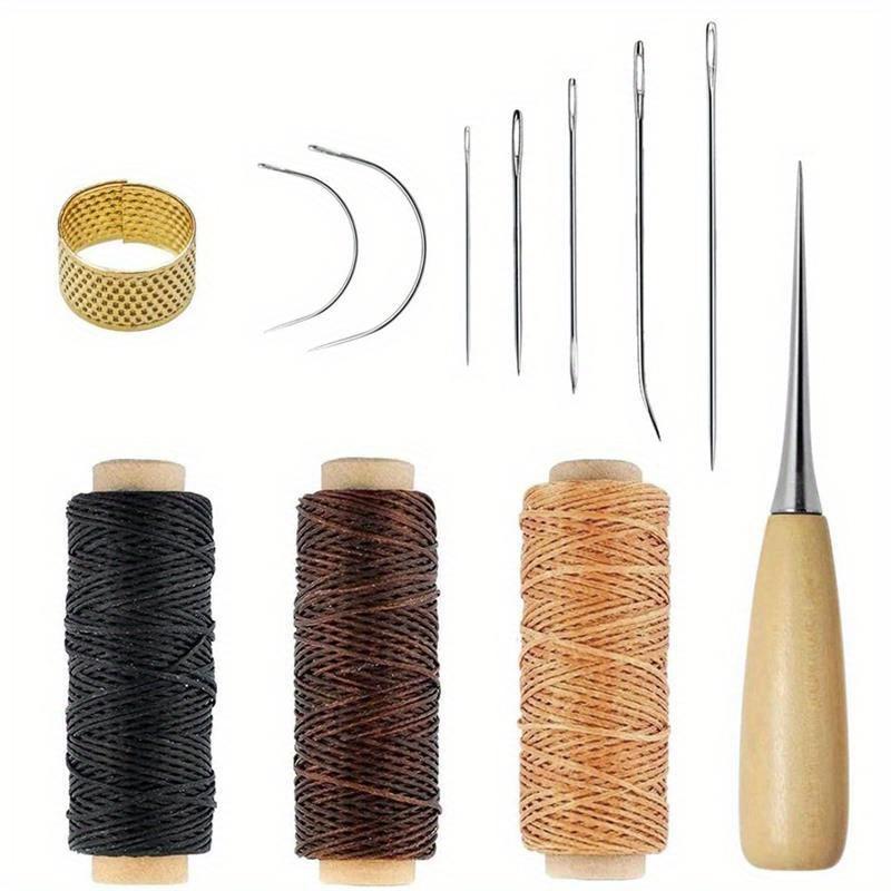 14pcs Leather Hand Sewing Tool Set/Includes Waxed Thread and Wooden Handle Needles/Heavy Duty for Leather Repair, Crafts, Binding, Belt Making/Ideal