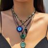 5 Stück Ethnischer Friedensschnallen Blauer Türkischer Glücksaugen Anhänger Choker Halskette für Frauen Vintage Stein Leder Wachsfaden Kette Schmuck
