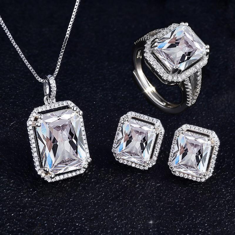 Elegant CZ Gemstone Pendant Necklace Set With Earrings Ring Women Blue Red Yellow Green Purple White Zircon Jewelry