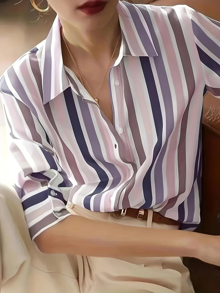 European & American Color-block Striped Casual Slimming Women's Fashion Shirt