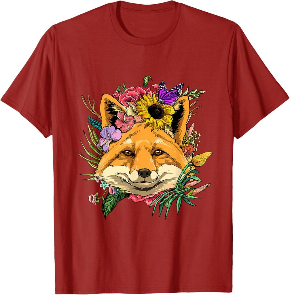 Floraler Fuchs Kopf Cottagecore Ästhetik T-Shirt Niedliches Tierliebhaber Grafik T-Shirt Frühling Herbst
