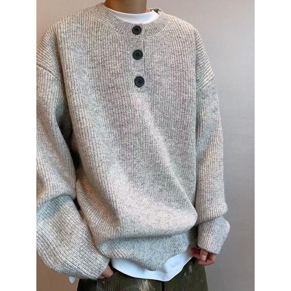 Men's Retro Henley Collar Knit Sweater - High-End Autumn/Winter Style