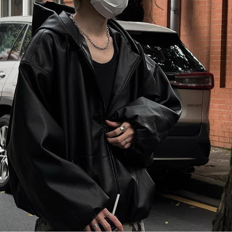 Spring Autumn Men's Oversized Casual Loose Zipper Hooded Jackets High Street Black Color Pu Leather Coat