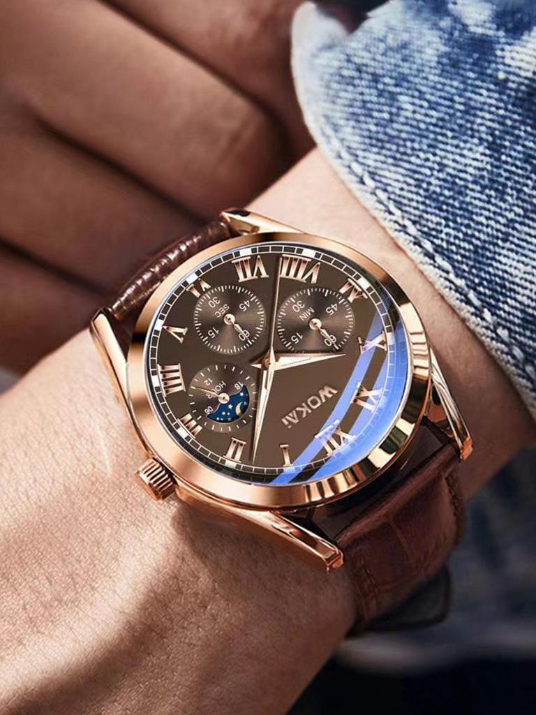 2024 Men's Business Quartz Wristwatch with Wokai Leather Strap & Alloy Case