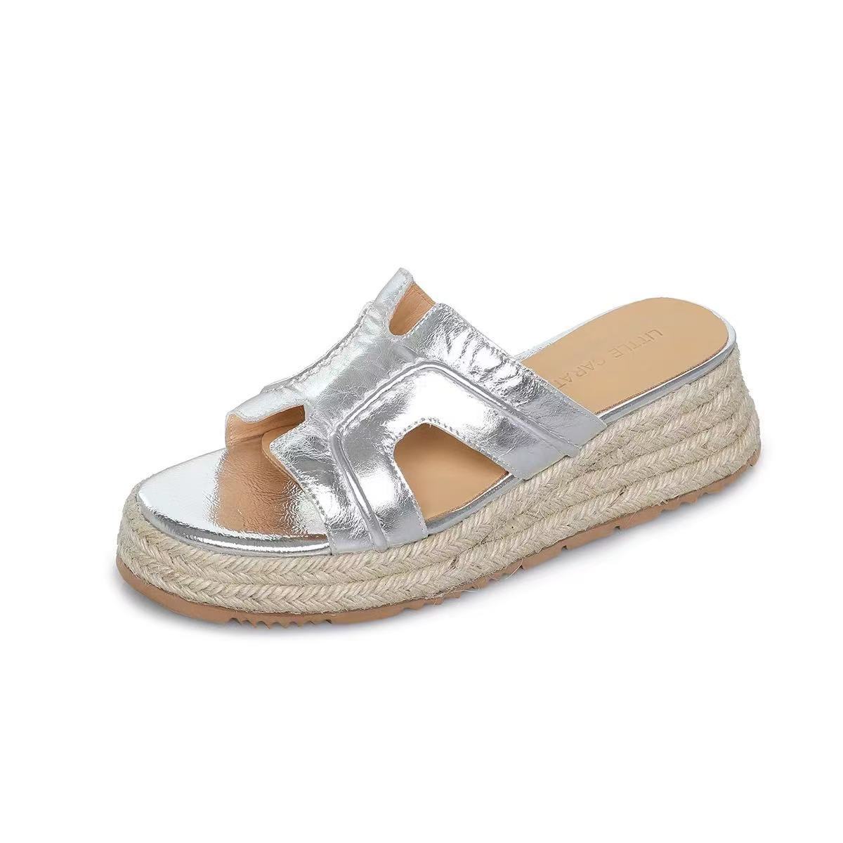 

Spot model~ 5cm casual versatile straw woven thick bottom slope heel shows high outer wear fashionable open-toed cool slippers women 35