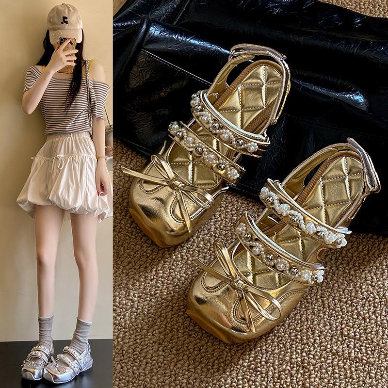

French ballet dream flat bottom shallow mouth Mary Jane shoes women s summer bow sweet empty temperament bag head sandals 35 золотий