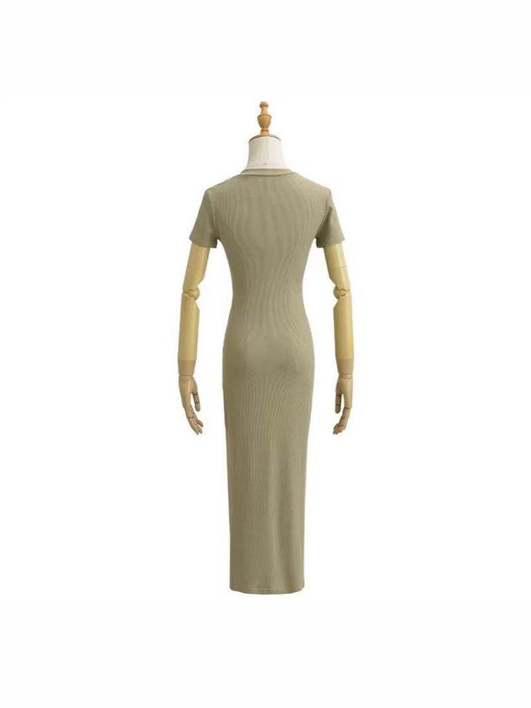 Women's Spicy Girl Double Slit Round Neck Short Sleeve Summer Slimming Midi Dress