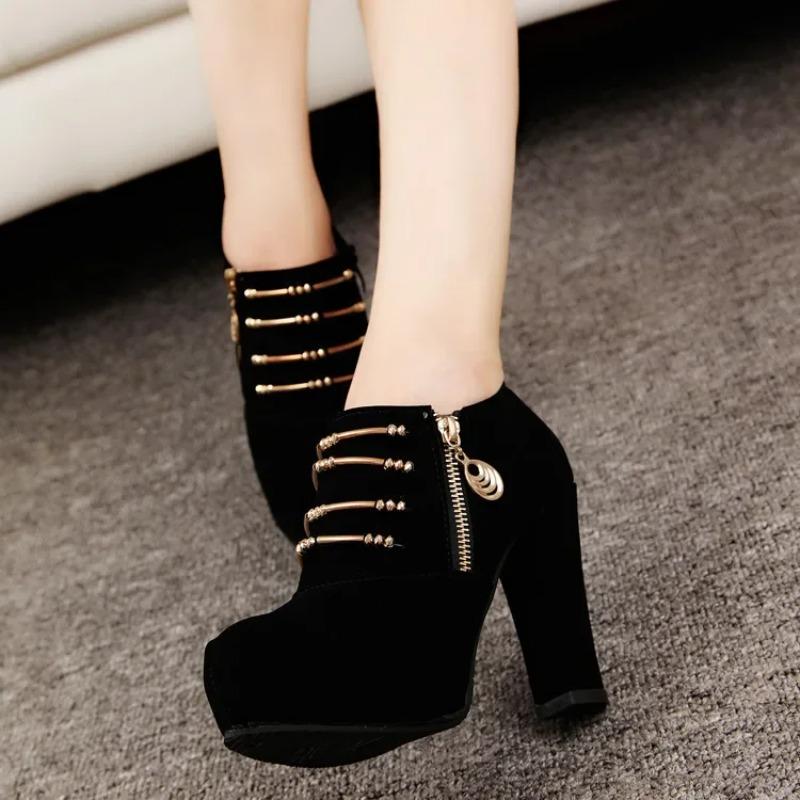 Fashion Fall Winter Women's Ankle Boots Waterproof Platform Thick Heel Short Boots Velvet Fabric Round Toe Side Zipper High Heels