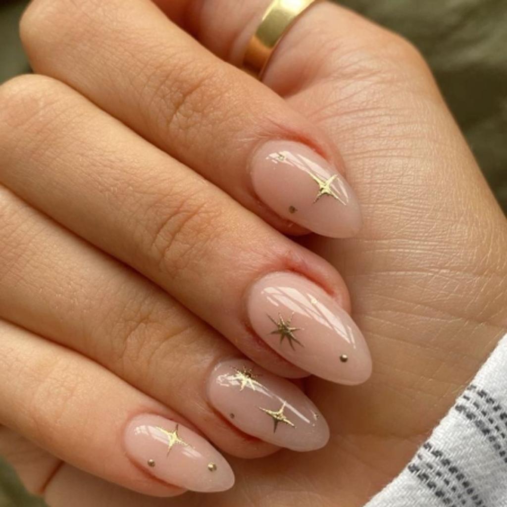 24PCS 3D Golden French False Nails Pink Blush Gradient Simple Star Patterns Press On Nails Sweet Almond Fake Nails Wearable Tips