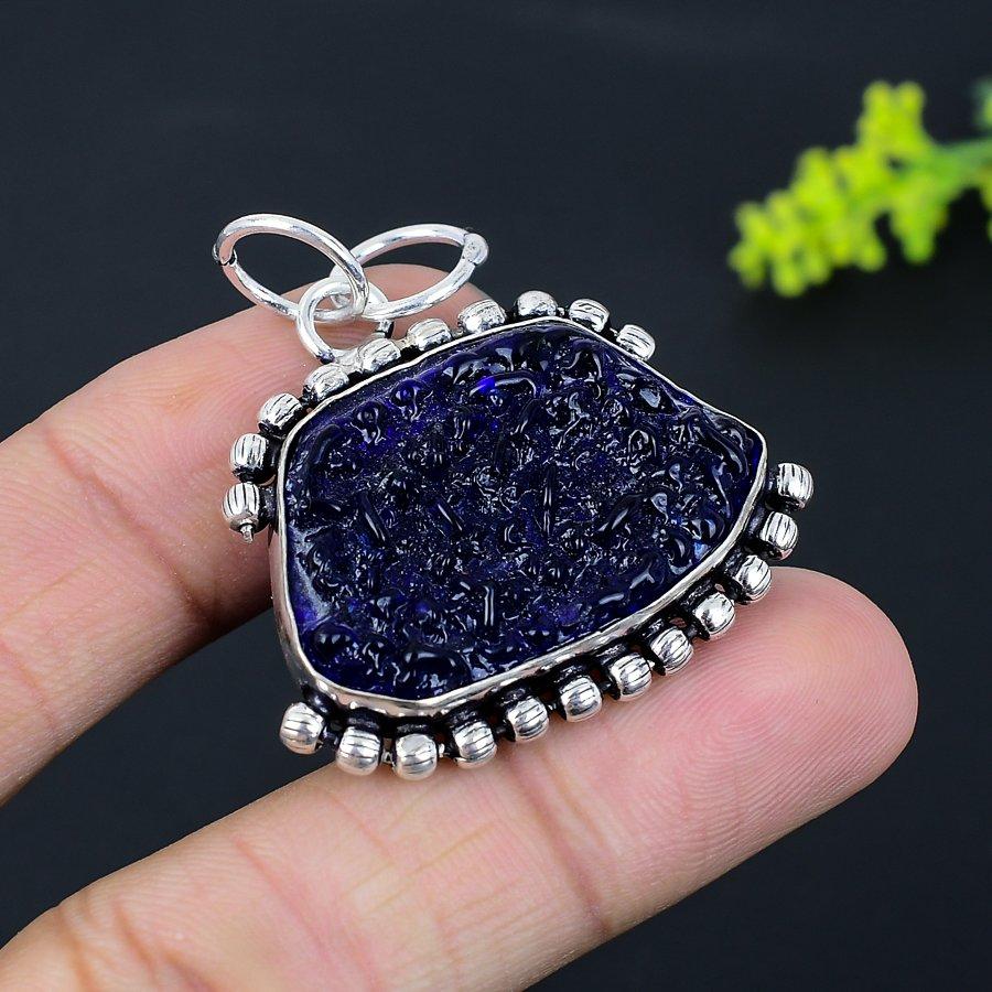 Blue Moldavite Gemstone Handmade 925 Sterling Silver Jewelry Pendant 1.77" s8j68