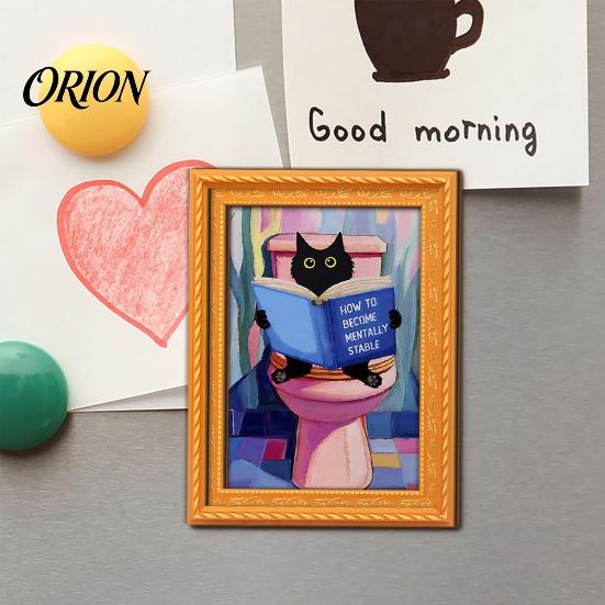 Cat Pattern Magnet Decor Oil Painting Refrigerator Magnet, Wooden Frame Black Decorative Fridge Magnets Theme Retro Rectangle Magnetic Decoration