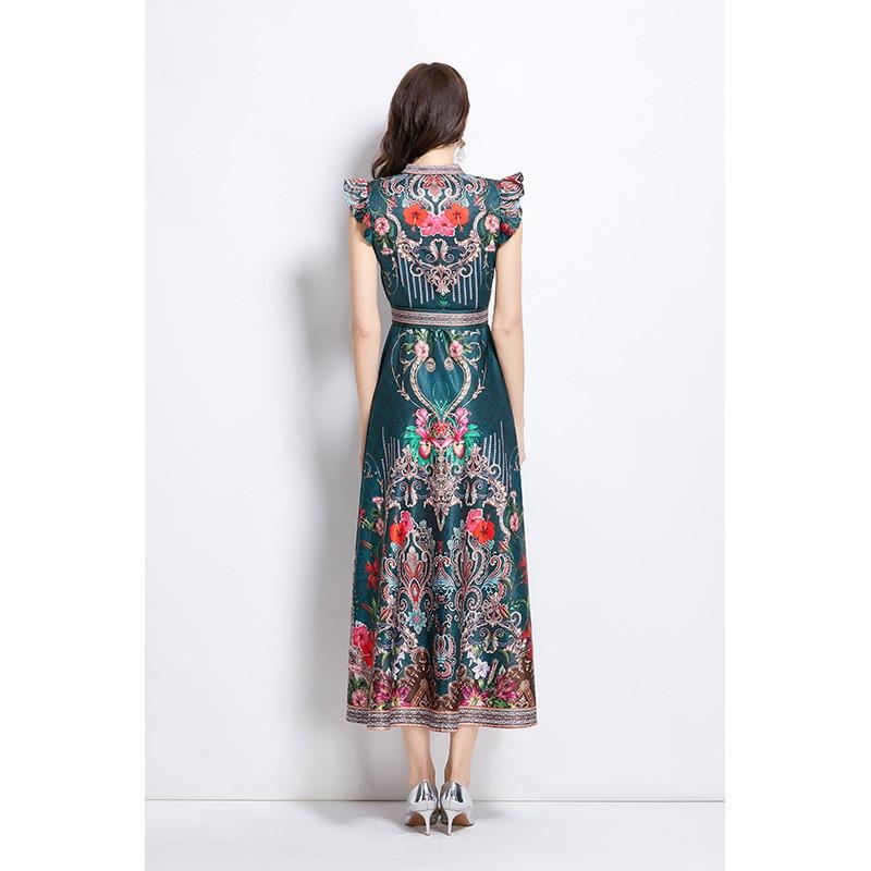 Summer Women Vintage Palace Print Designer Runway Dress V-neck Single Breasted Long Maxi Holiday Beach Boho Dresses with Belt