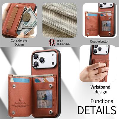 Flip RFID Wallet with Card Holder Phone Case for IPhone Air 17 16E 16 Plus 15 14 13 12 11 Pro Max Wrist Strap Leather Cover