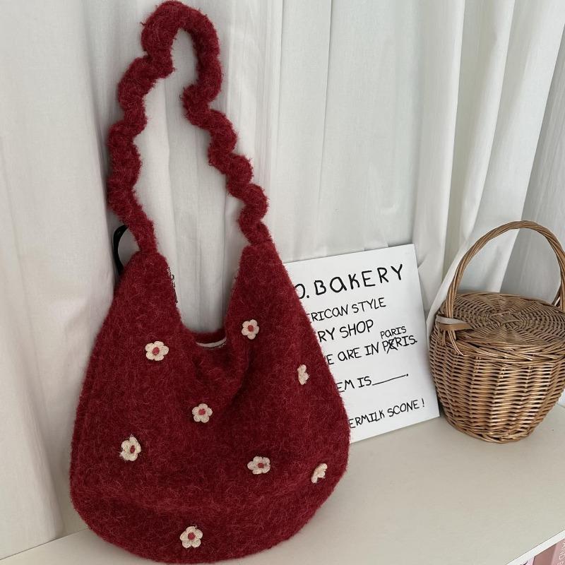 Flower Tote Bag with Drawstring, Large Capacity, Embroidered, for Daily Commuting, Single Shoulder, Slanted Crossbody Bag