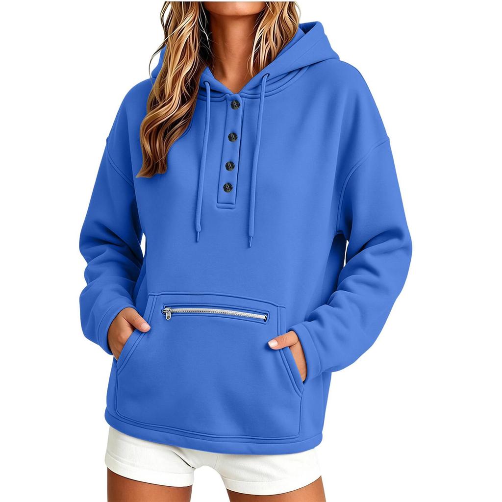Felpa da donna con cappuccio, manica lunga, bottoni frontali, tasca, colore, per uso casual quotidiano