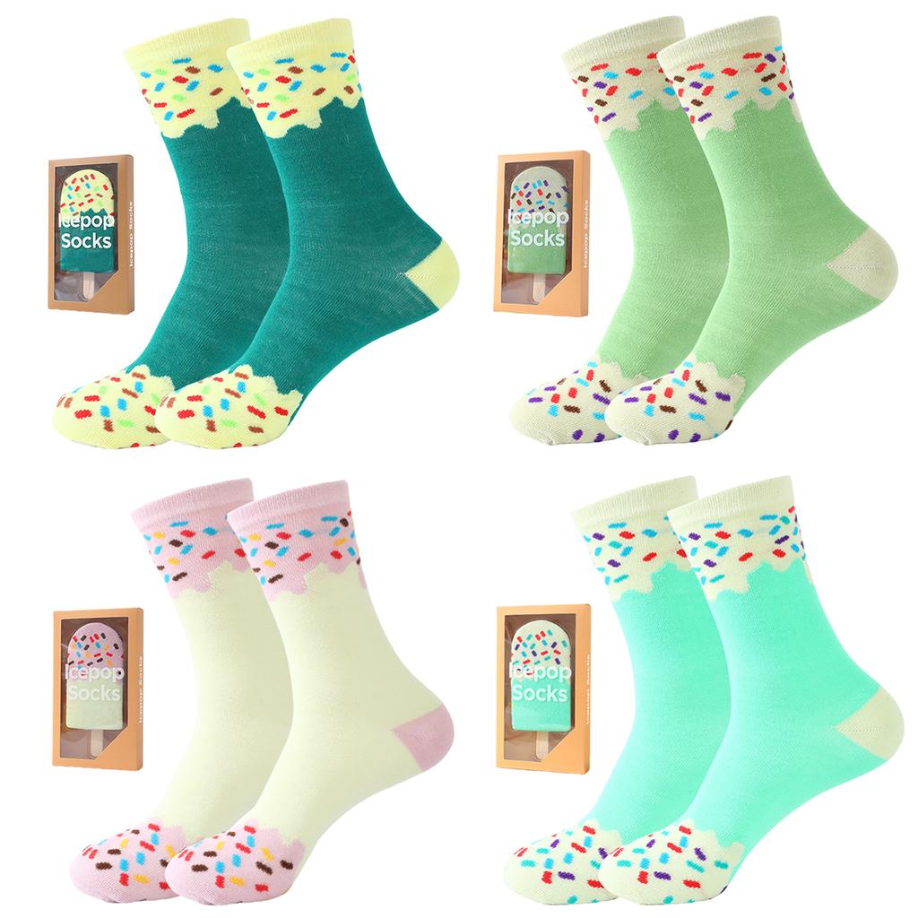 4 Pair of Mid-calf Unisex Socks In a Novelty Ice Cream Design, a Unique and Interesting Festive Gift.
